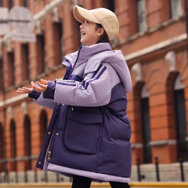 RAISE 2025 Down Jacket For Teen Girl Thick Warm Spliced Hooded Girls Long Jacket Clothes 512Y Kids Girls Parka Outerwear Outfit Y251023