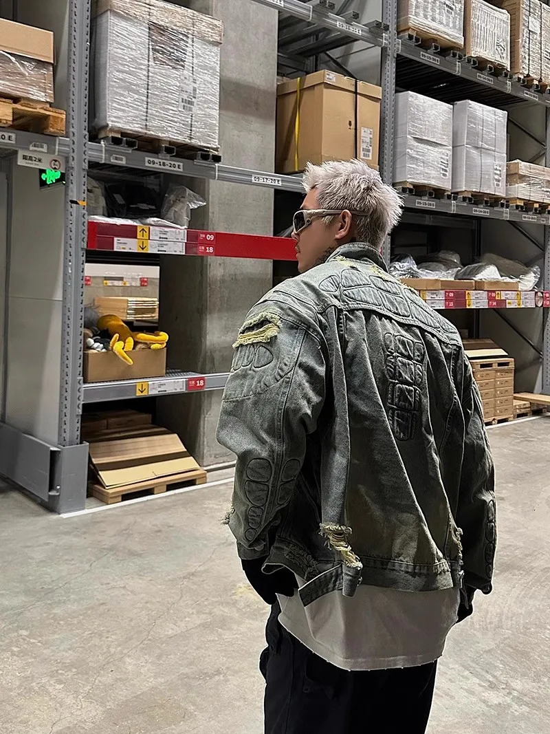 REDDACHIC 90s Retro Destroyed Denim Jacket Men Distressed 3D Padded Long Sleeves Loose Casual Bomber Coat Biker Moto Y2k Outwear 251017