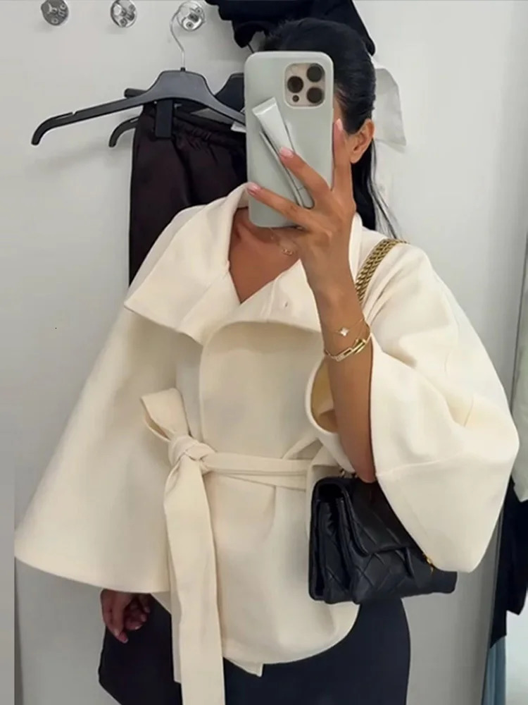 Elegant Lace Up Loose Fit Cape Coat Womens Autumn Winter Oversized High Neck Belted Wrap Jacket Fashion Warm Outerwear Outfit 251016