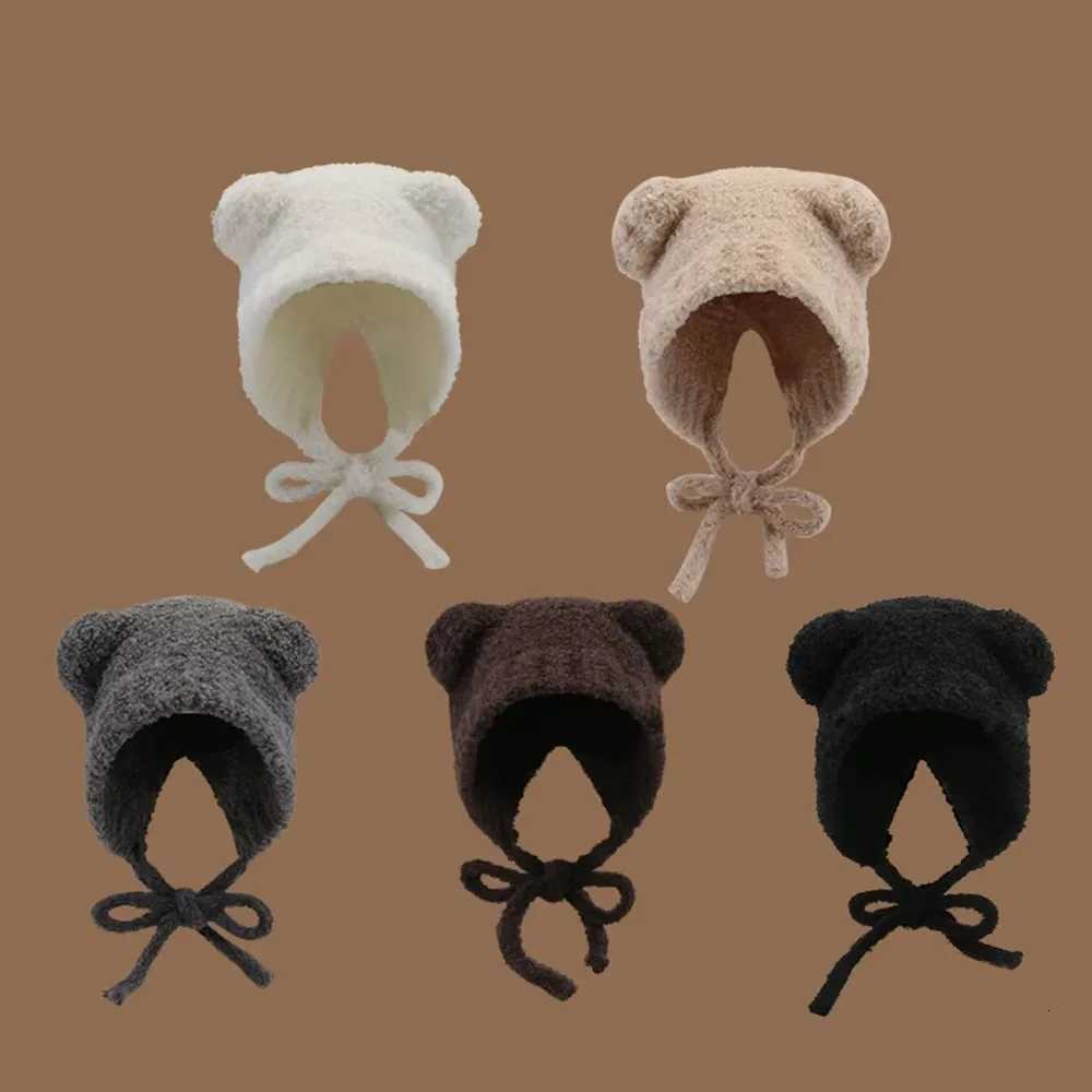 Cute Y2k Bear Ear Wool Hat With Rope Warm Beanies Cap Ear Protection Lace up Winter HatXJ251023