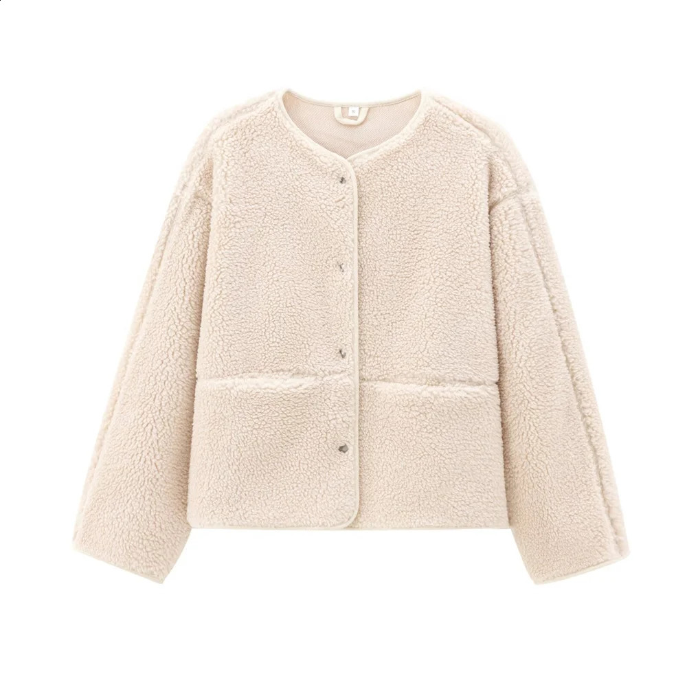 autumn and winter womens loose casual longsleeved round neck solid color comfortable simple fleece jacket 251013