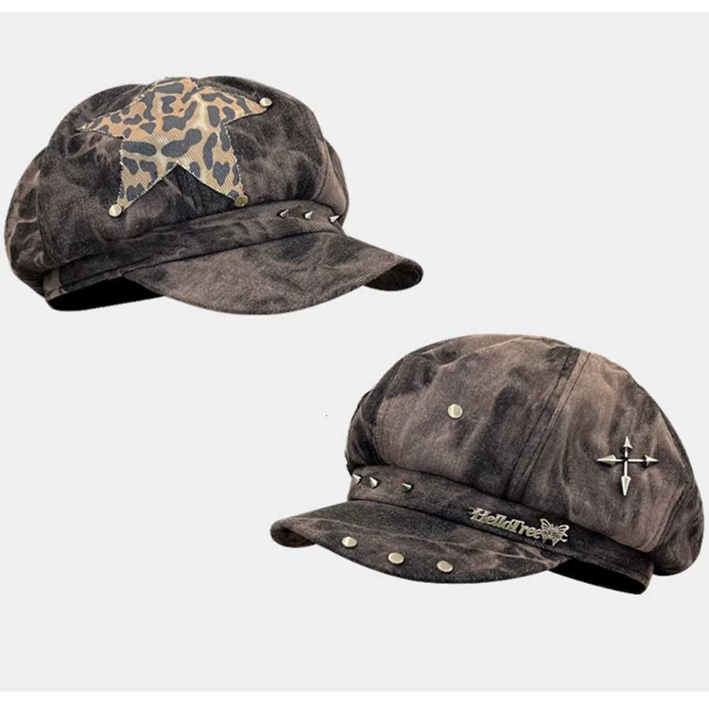 Y2K Personali Star Sticker Rivet Design Berets s for Wen Spring and Autumn Fashion Versati Retro Tiedye Newsboy HatsW251023