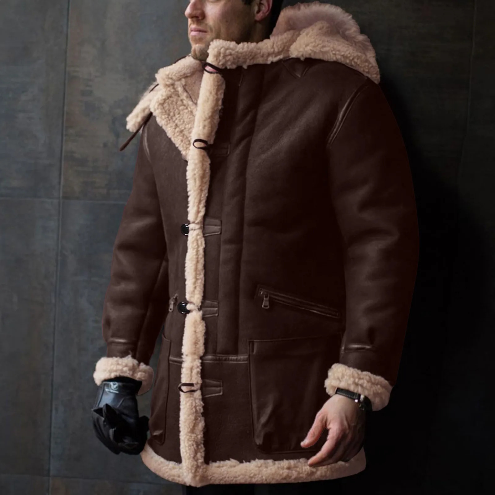 Winter Fleece Jacket Coat Men Hooded Button Lapel Long Sleeve Padded Faxu Leather Vintage Mens Rain 251023