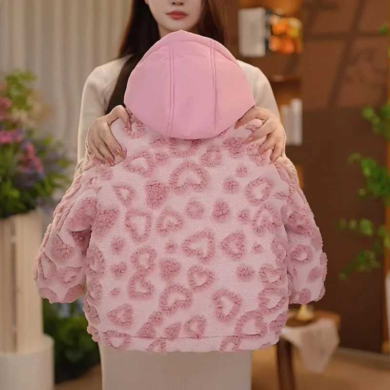 2025 Girls Winter New Pink Leopard Velvet Western Style Cotton Jacket with Hooded Large Pocket Cotton Coat Y251023