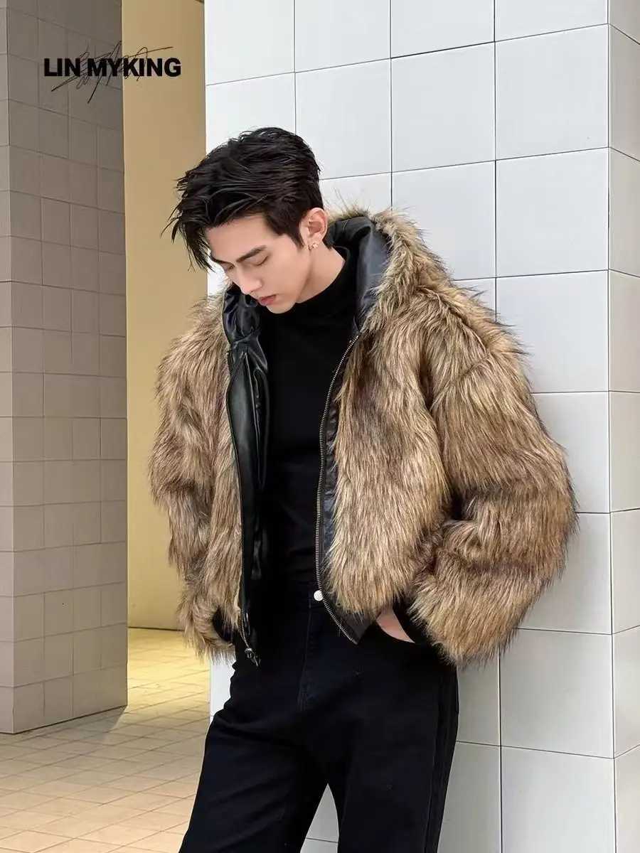 Mens 2025 Winter New Arrival TwoSided Wearable Faux Fur Coat Integrating Fox Fur for Trendy leather jacket Winter Warmth W251023