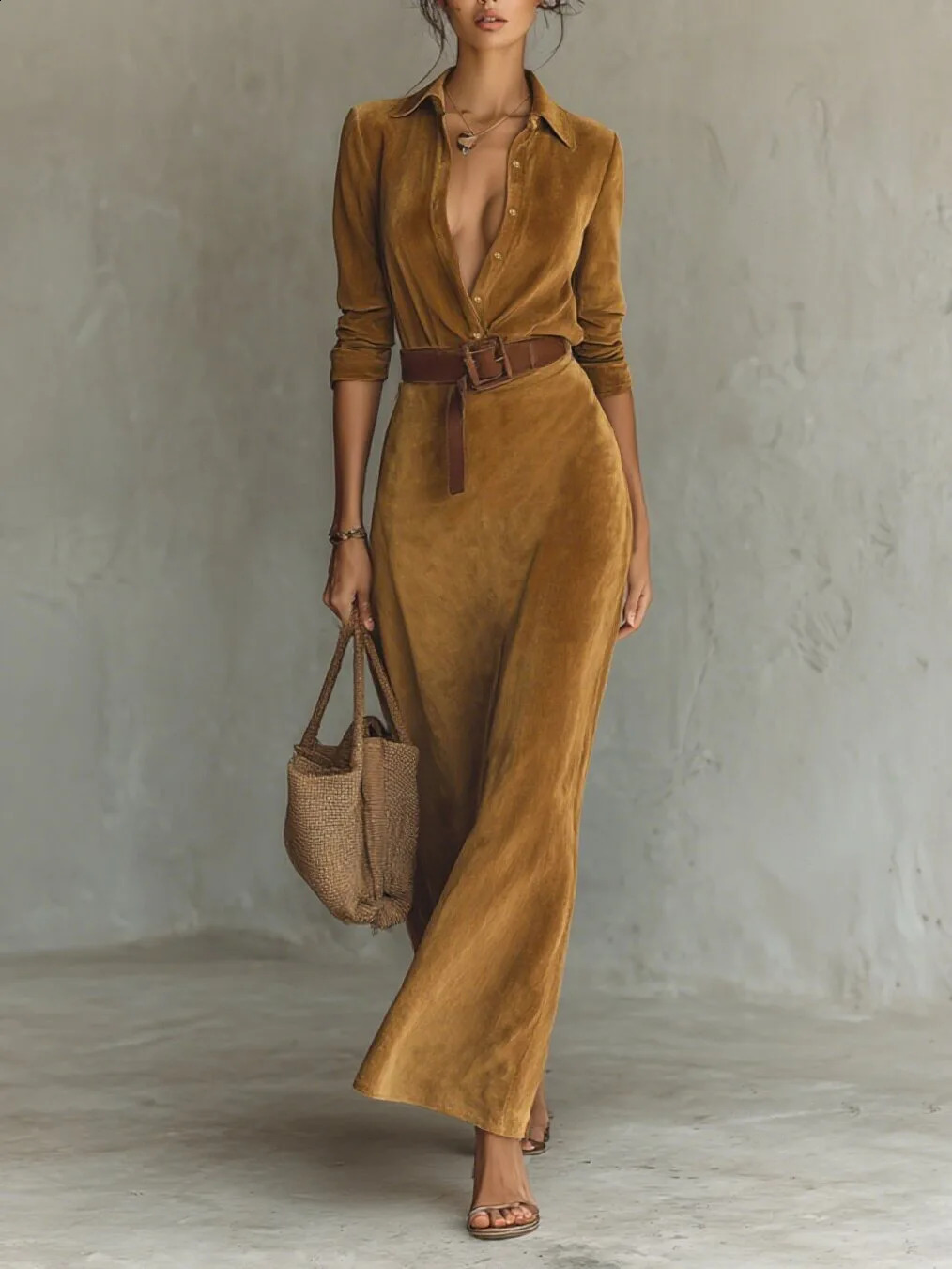 Winter Womens Minimalist Solid Belted Lapel Shirts Dress Long Sleeve High Waisted Suede Female Casual Party Maxi Dresses 251022