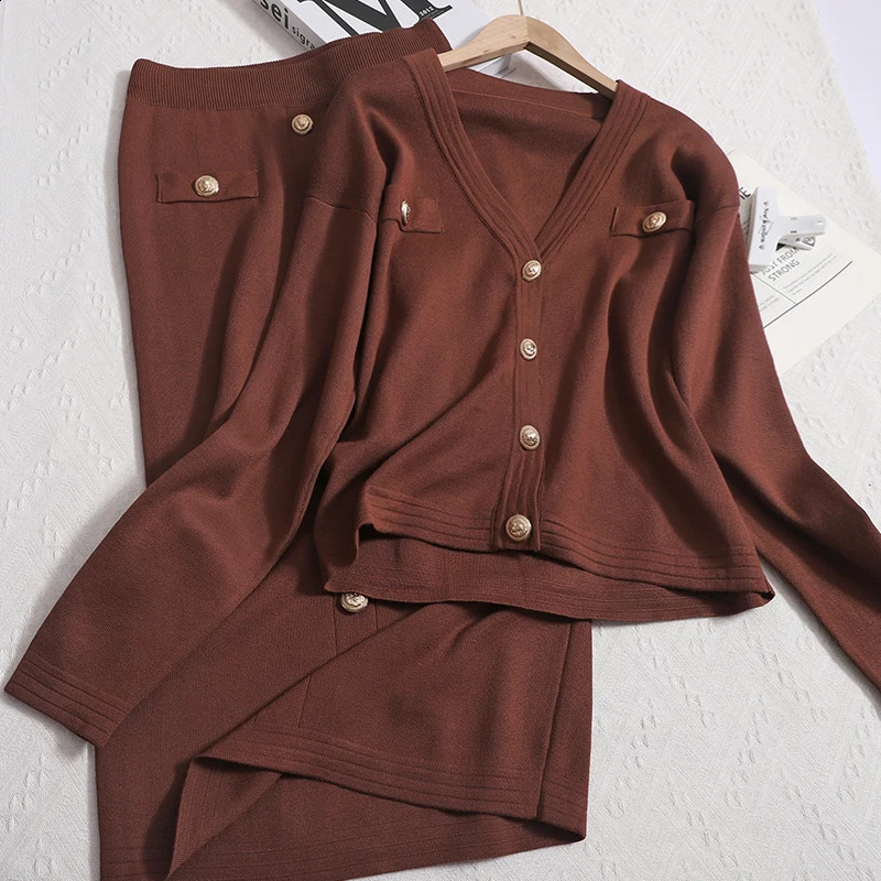 Women Knit Slim Sweater Cardigan Skirts Sets Single Breasted Short Tops Blazer Long Skirt Set 2 Piece Fashion 251022