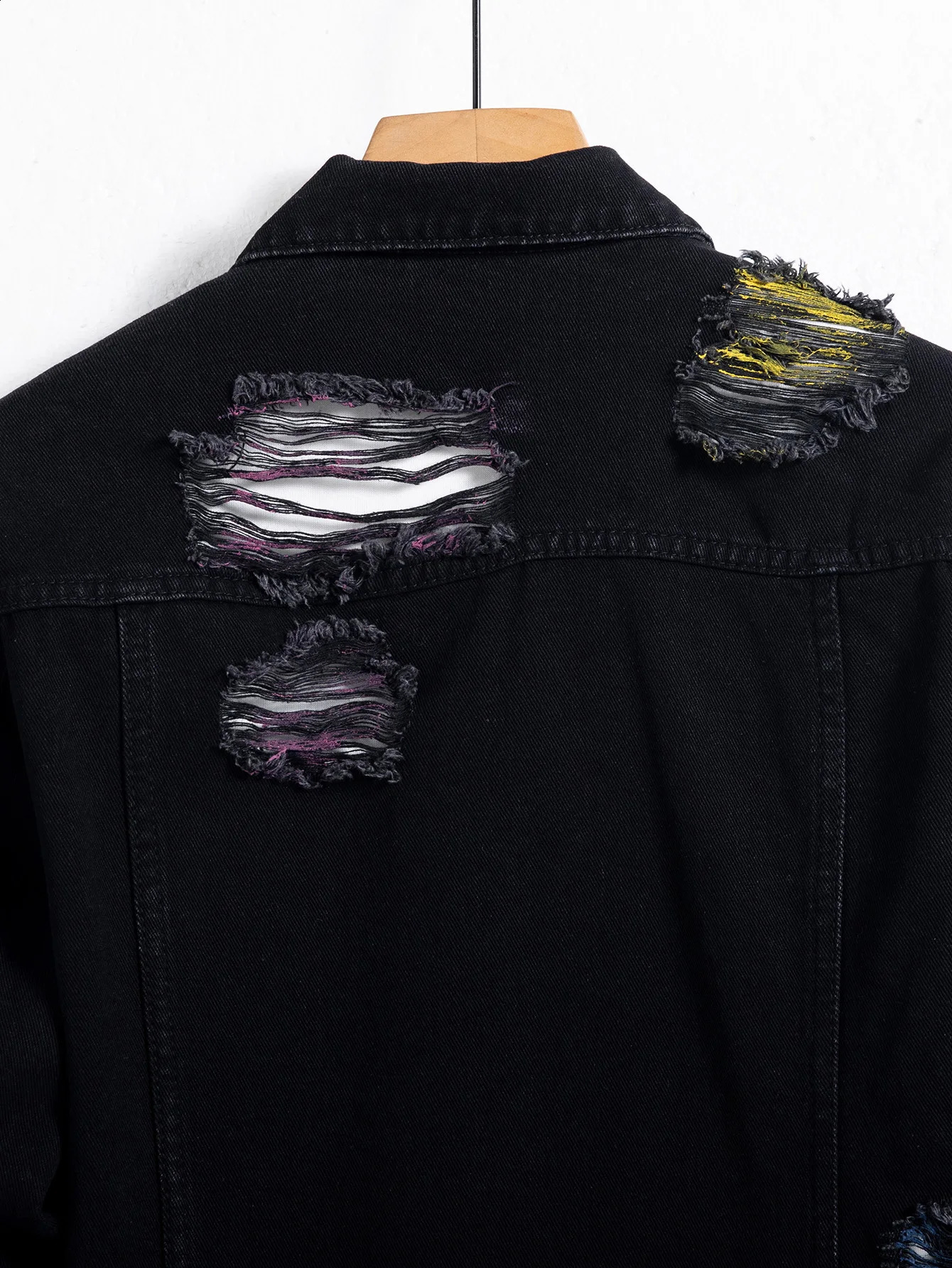 Mens black ripped denim jacket for spring and autumn Random paint splashing 251023