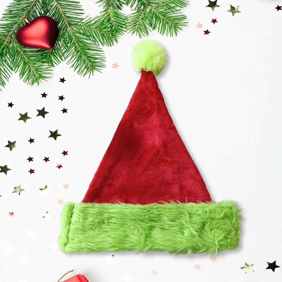 Kids Christmas Red Plush Santa Hat with Green Fur P Festive and Cozy Holiday wear for Winter PartiesW251023