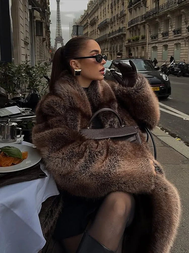 Fashion Brown Faux Fur Overcoat Women y Lapel Long Sleeve Fluffy Coat Winter Female Thicken Warm High Street Outwear 251021