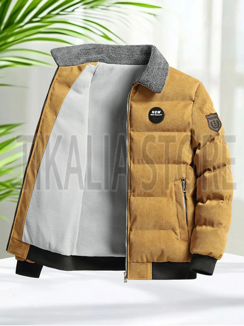 Mens Corduroy Sherpa Lined Jacket Cotton Padded Winter Coat with Fleece Collar Yellow Thick Insulated Parka for Cold Weather 251015