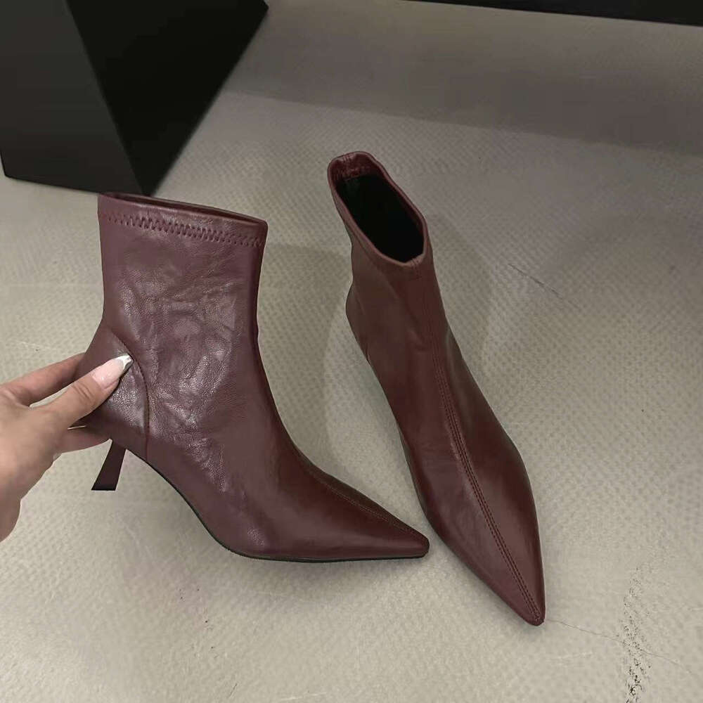 Slimming Pointed Toe Stretch Designer Shoe Slim Slip-On Soft Leather Style Thin Heel Short Boots