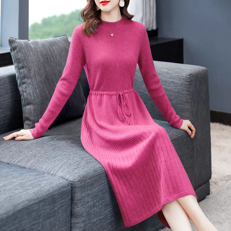 L4184 Comfortable round neck waist knitted dress autumn and winter new loose slim solid color sweater dress