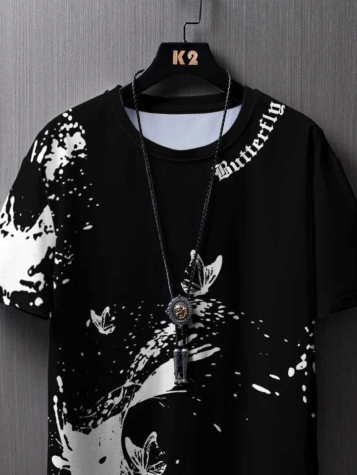 Fashionable casual mens butterfly and splash ink printed Tshirt comfortable breathable quick drying short sleeved TshirtXJ251023