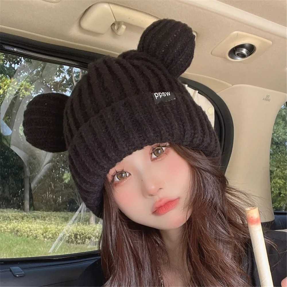 Unisex Winter Autumn Cute Cartoon Bear Ears Double Needle Craft Knitting Beanies Skull Hat Adult Child Outdoor Warm Cold Cap 206XJ251023