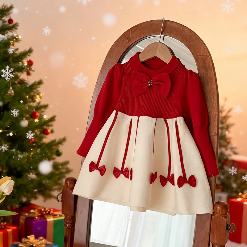 Christmas Party Dres Autumn Winter Girls Party Cute Wear Bow Decoration Princess Dress Christmas Kids Fashion Sweet Clothes 251022