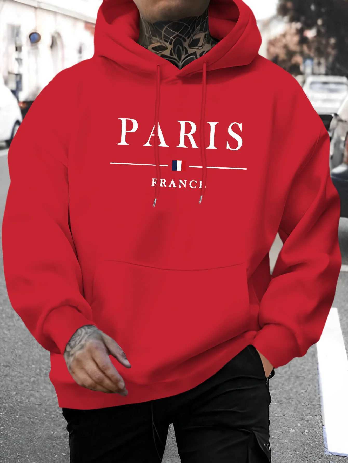 Mens autumn and winter casual fashion loose Paris letter pattern printed long sleeved hooded sweatshirt warm pulloverT251023