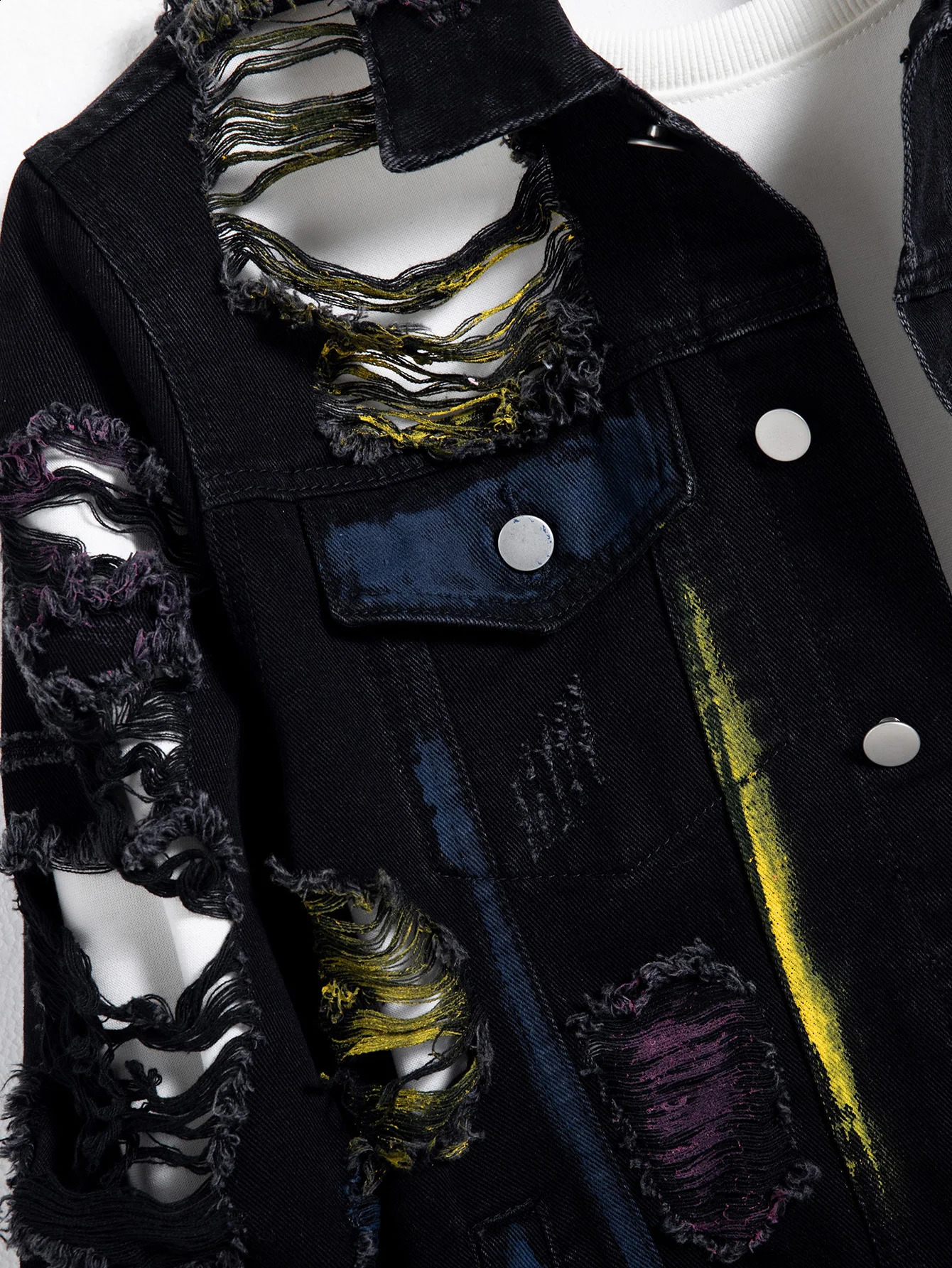 Mens black ripped denim jacket for spring and autumn Random paint splashing 251023