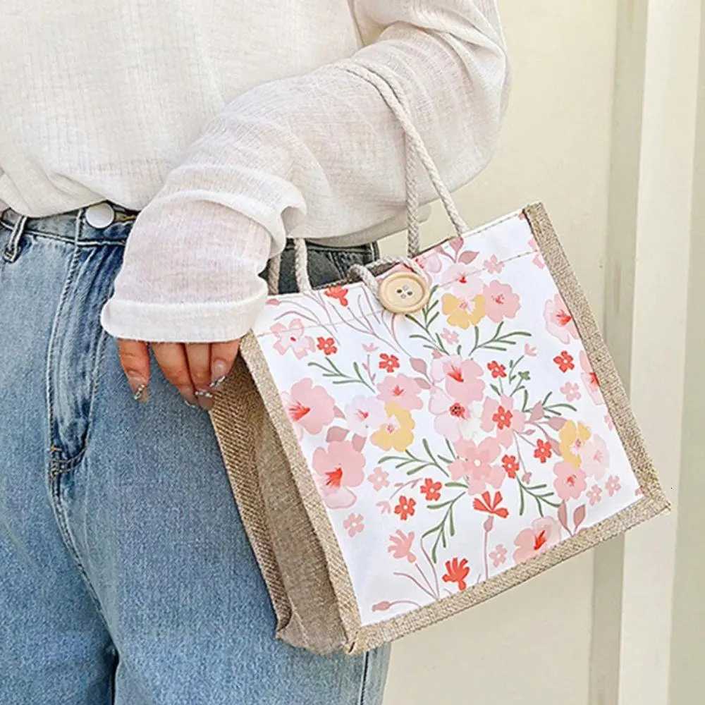 Ins Lunch Bags For Women Floral Print Tote Bag Food Storage Linen Bag Functional Portable Travel Picnic Outdoor Eco Shopping BagL251023