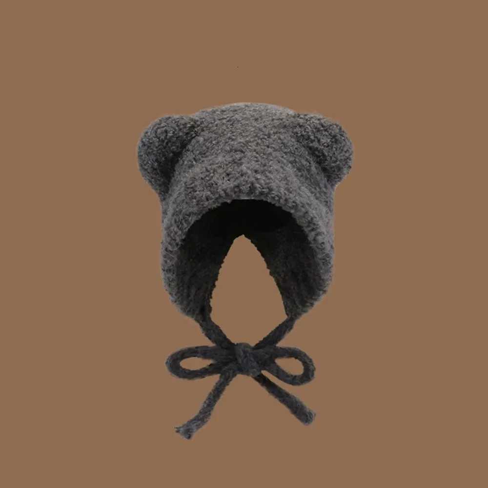 Cute Y2k Bear Ear Wool Hat With Rope Warm Beanies Cap Ear Protection Lace up Winter HatXJ251023