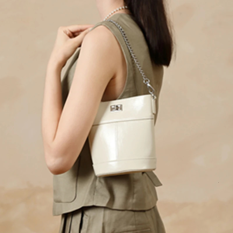 Burminsa Oil Wax Genuine Leather Bucket Small Shoulder Crossbody Bags For Women 2025 Chain Phone Ladies Handbags 251018