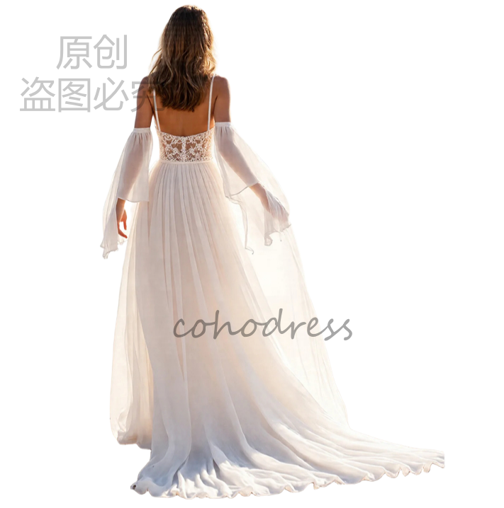 Minimalist Boho Beach Wedding Dress 2026 Spaghetti Straps Chiffon Bohemain Bridal Dress Sexy Backless Lace Rustic Country Bride Dress Vestio De Novias