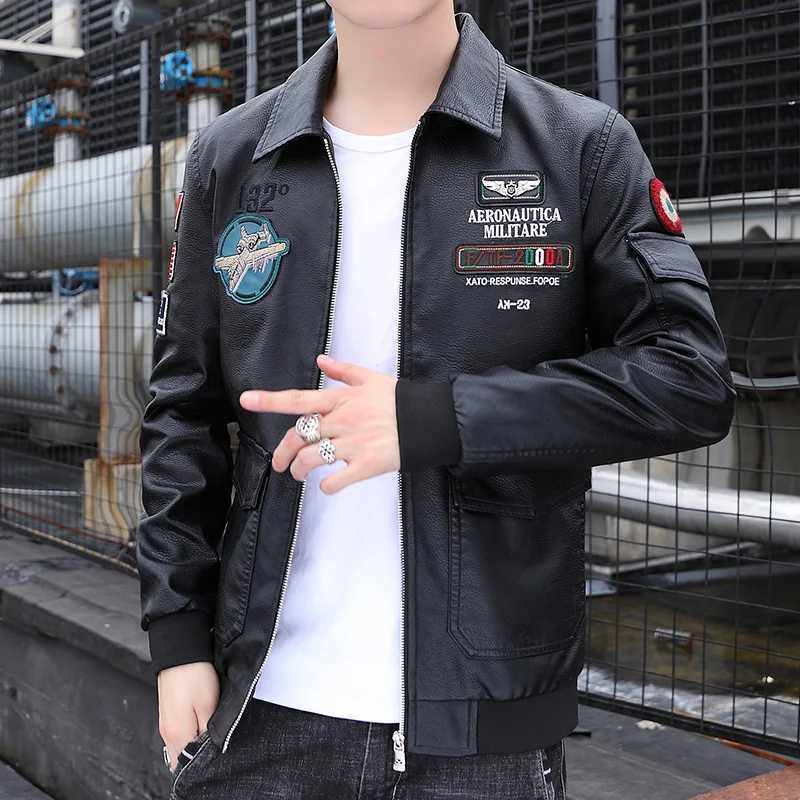 Embroidered Print Handsome Leather Coat Mens Spring and Autumn Business Casual Young Mens Leather Jacket Lapel Fashion Coat W251023
