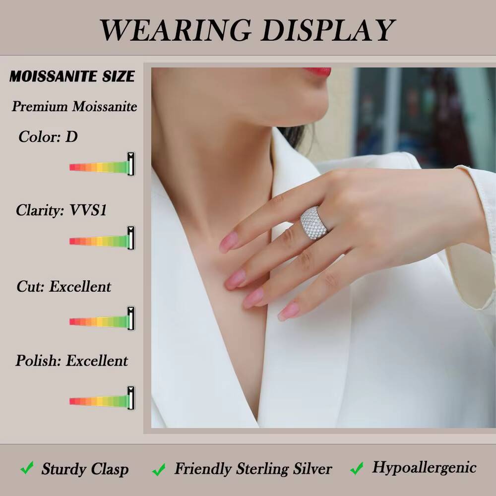 261CTW Luxury Silver Color Moissanite Full Pave Wide Band Ring Statement Jewelry for Parties and Weddings