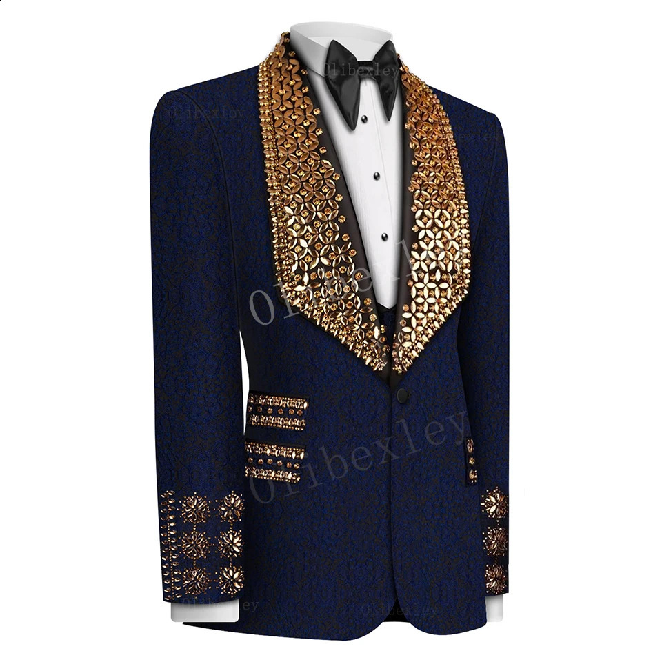 B13 Navy Blue Men Suits Set 2 Piece Blazer Pants y Crystals Groom Wedding Tuxedo Single Breasted Custom Made Prom 251023