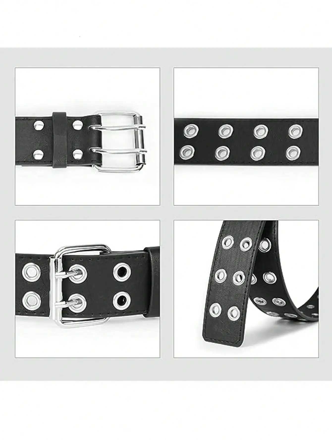 Black punk style personality Fashion belt Double riveted hole belt Black Metal Adjustable size for women men 110cm longXJ251023