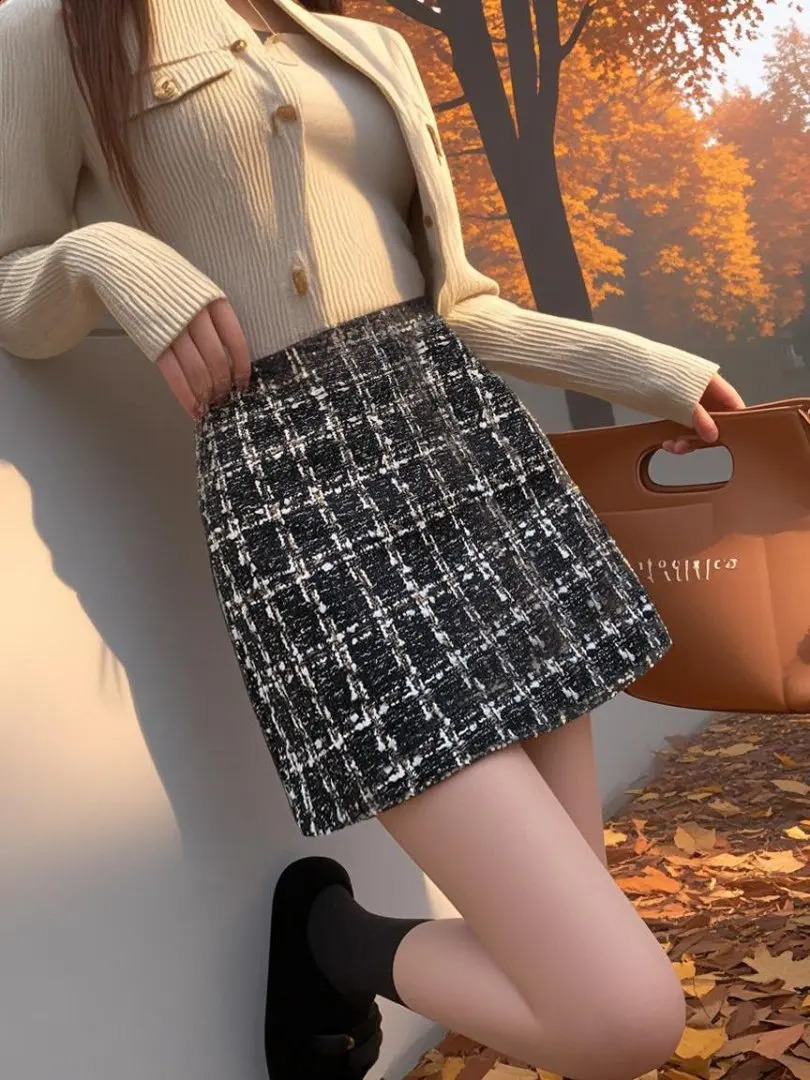 Autumn Winter Vintage Tweed Pencil Skirt For Women High Waist Retro Plaid Chic Style Slim ALine Short Skirts Lady 251022