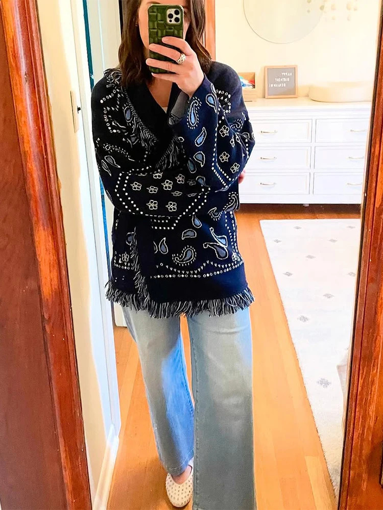 Women Print Knitted Cardigan Casual Chic Vneck Long Sleeve Singlebreasted Return Loose Sweater Lady Autumn Street Coats 251022