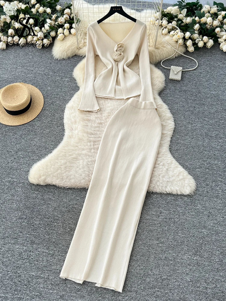 SINGREINY 3D Floral Knitted Two Piece Sets Autumn Women Long Sleeve Basic Warm TopSplit Skirt Winter Slim Party Suits 251022