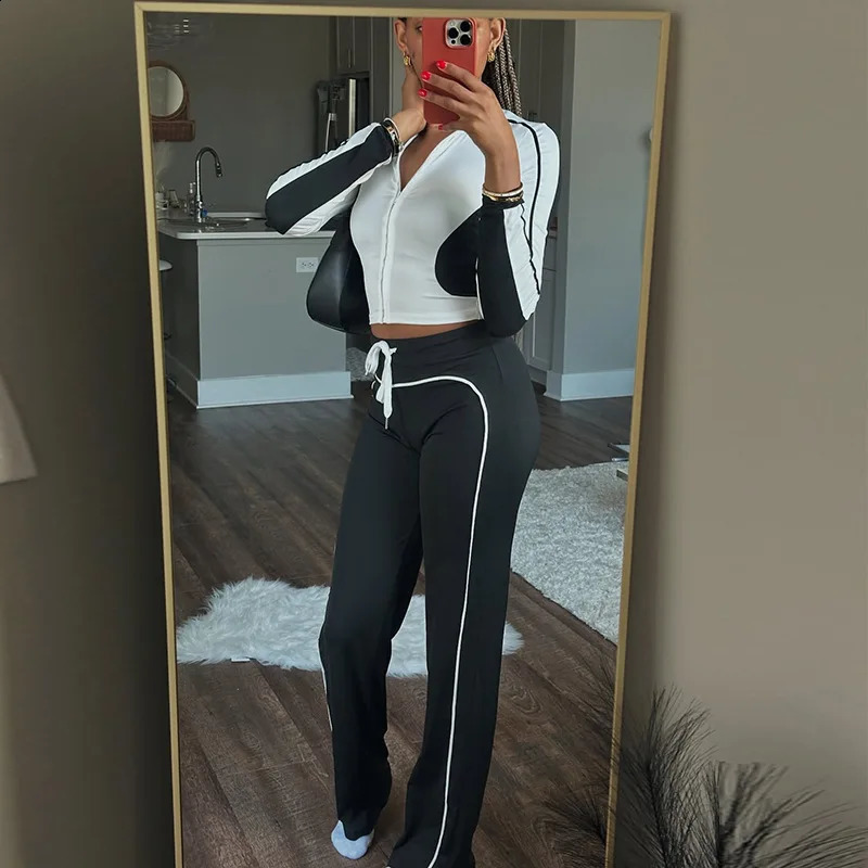 Autumn Patchwork 2 Piece Set Women Tracksuit Spring Zip Crop JacketCasual Pants Matching Skinny Streetwear Stretch Outfits 251022