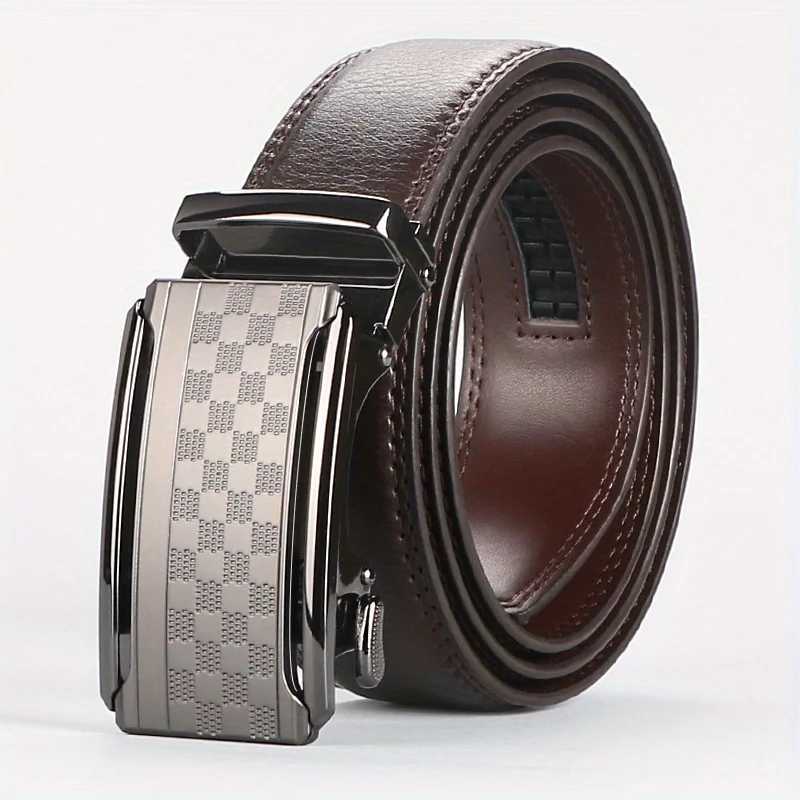 Business Mens Automatic Buckle Cowhide Belt Ratchet Dress Belt Genuine Leather Cowhide Mens BeltXJ251023