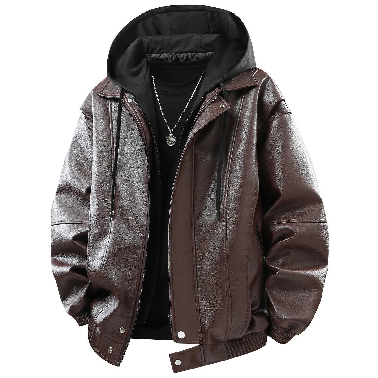 Mens Casual Zip Up Slim Bomber Faux Leather Jacket American Retro Leather Coat Solid Color Motorcycle Wear Leather Zipper Jacket W251023