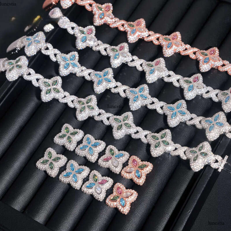 Hip Hop Sier 18MM Width Colored Clover Moissanite Bracelet with Earrings Custom Iced Out Fine Jewelry Sets for Men Women