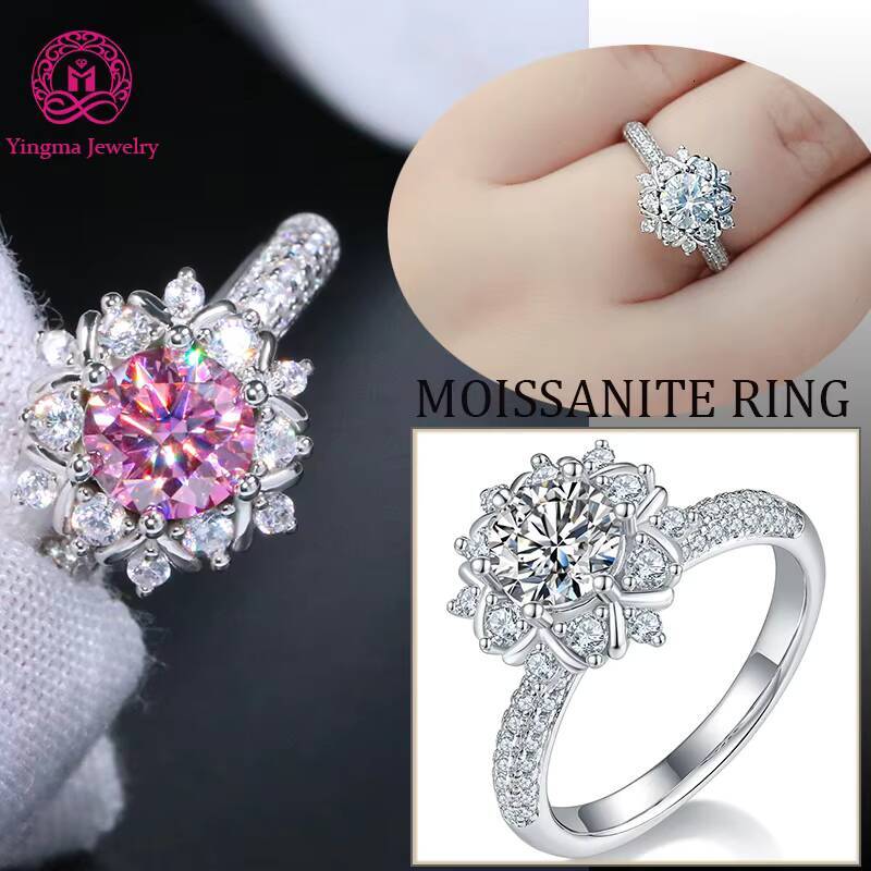 Fancy Round Brilliant Cut Moissanite Diamond Women Jewelry 925 Silver White Pink 1CT Flower Moissanite Ring for Gifts