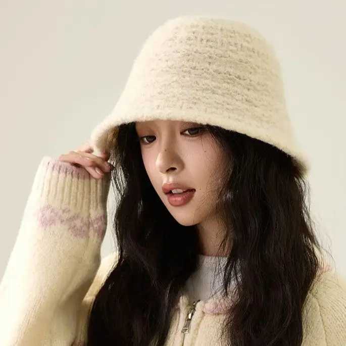 Fishermans Hat for Wen AutumnWinter Knit Bucket Hat FaceSlimming Textured Bucket Hat Warm and SoftW251023