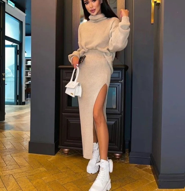 Turtleneck Knitted Sweater Skirt Two Pieces Set Women Autumn Winter Long Sleeve Pullover Sexy Side Split Midi Skirts Suit 251022