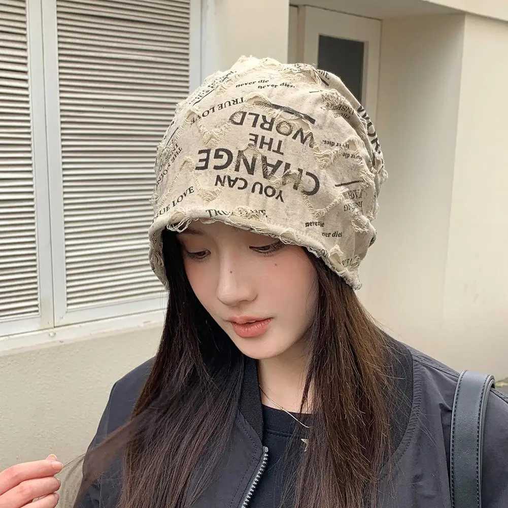 Fashion Hip Hop Letter Print Beanie Hats For Women Men Vintage Thin Bonnet Distressed Cracked Wasteland Style Casual HatsXJ251023