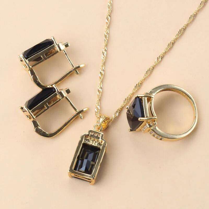 Arab Gold Color Jewelry Dubai Bridal Wedding Costume Black Zirconia Bracelet Clip Earrings African Necklace Sets For Women
