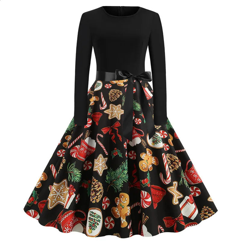 Vintage Christmas Dress for Women Elegant Swing Party Gown Long Sleeve Black Casual Print 50s 60s Style 251023