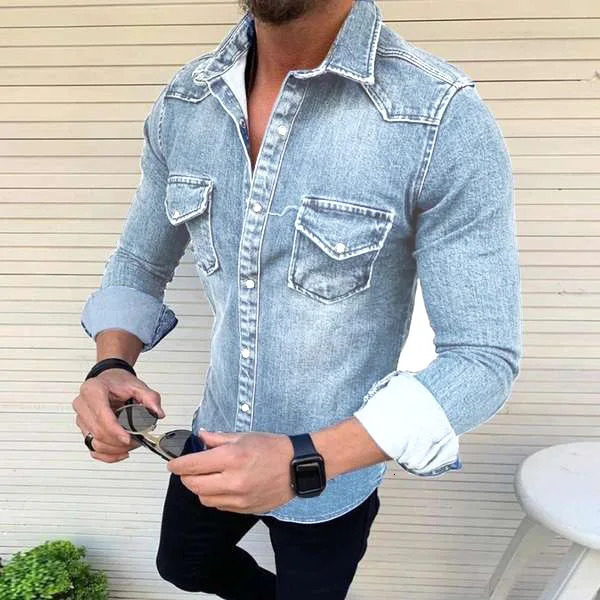 Mens Denim Jacket Washed Shirt Slim Fit Casual Long Sleeved for Men 251017