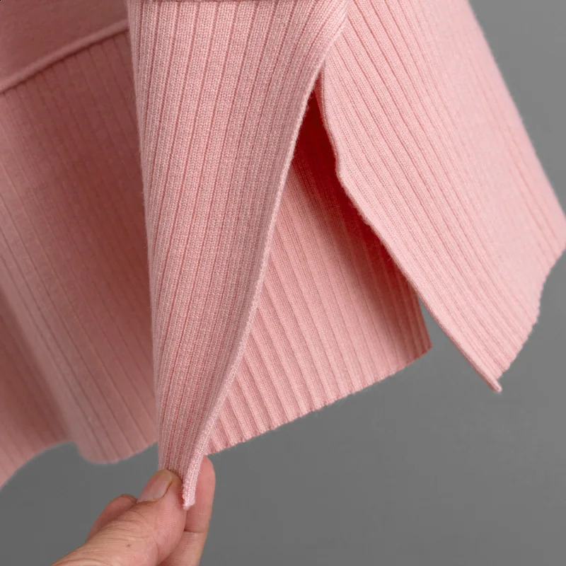 Korean Solid Knitted 2 Piece Sets Women Oneck Long Sleeve Knitwears Sweater Pullover Tops Conjuntos Casual Split Skirts Outfit 251022