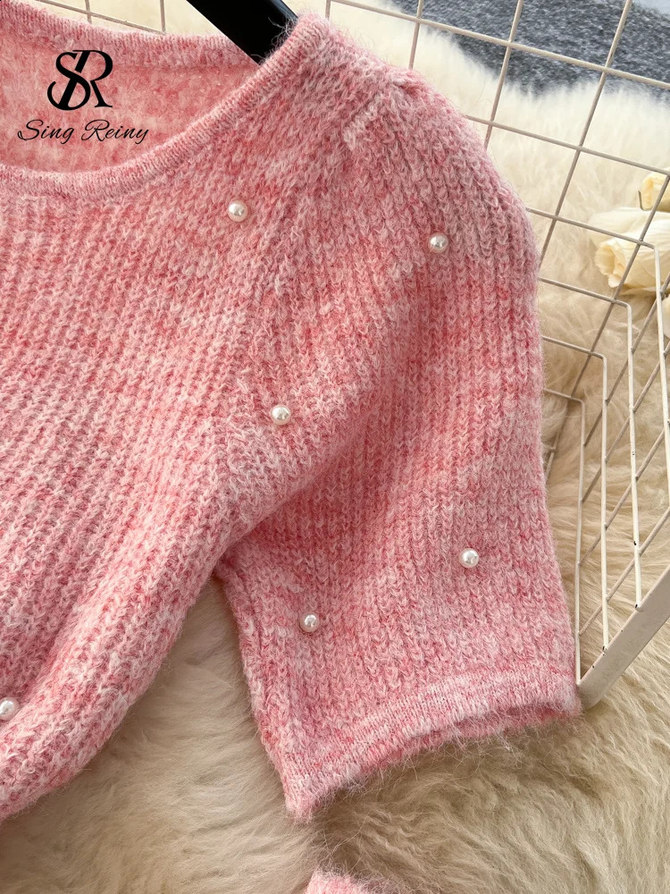 SINGREINY Streetwear Cashmere Sweater Suits Women Beading Oversleeve Knit PulloverElastic Long Skirts Autumn Pearl Knitted Sets 251022