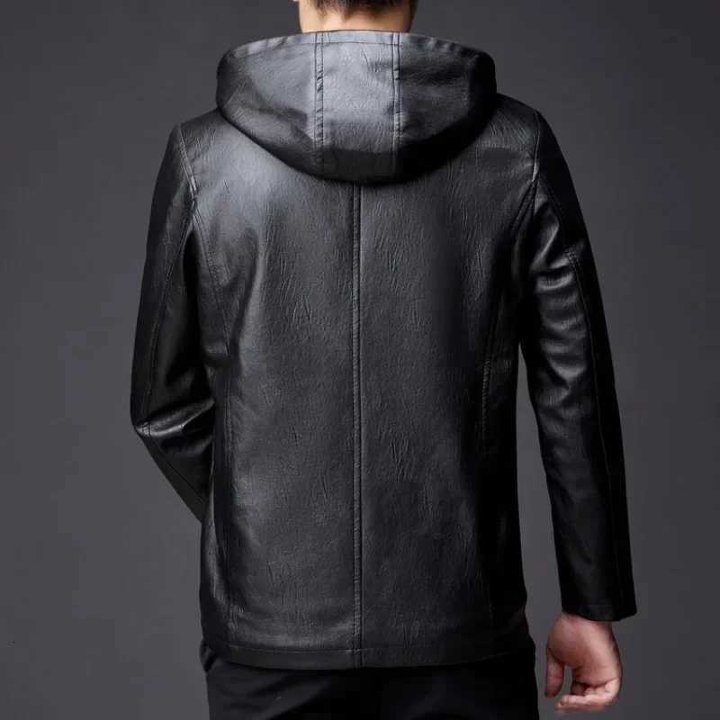 Winter Highend Mens Hooded Leather Jacket with Waterproof Windproof and Plush Insulation Men Clothing W251023