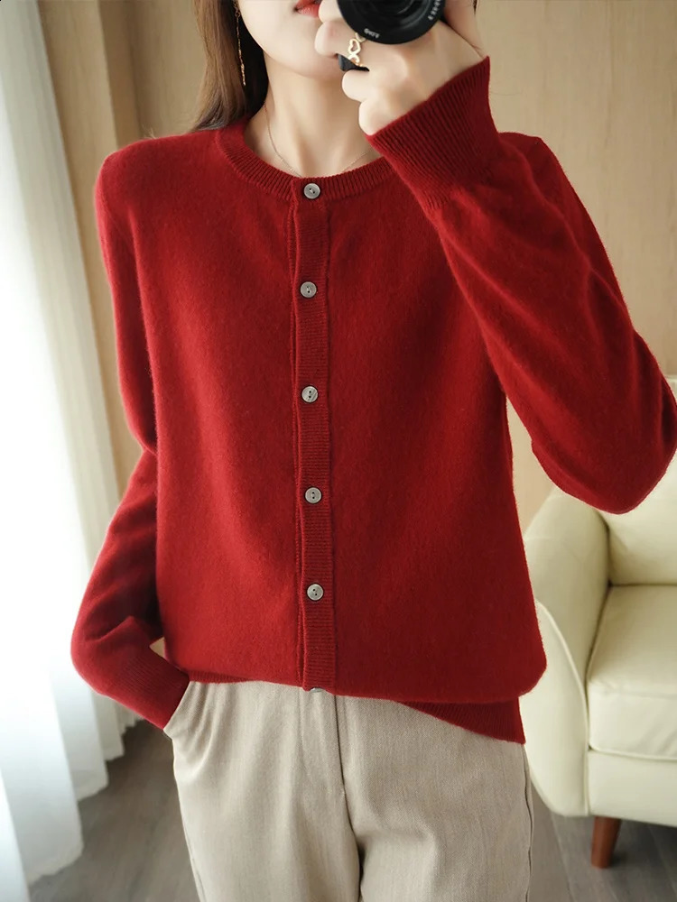 Classy Autumn Winter Women 100 Merino Wool Sweater Elegant ONeck Woman Cashmere Cardigan Knitted Basic Top Clothes 251022