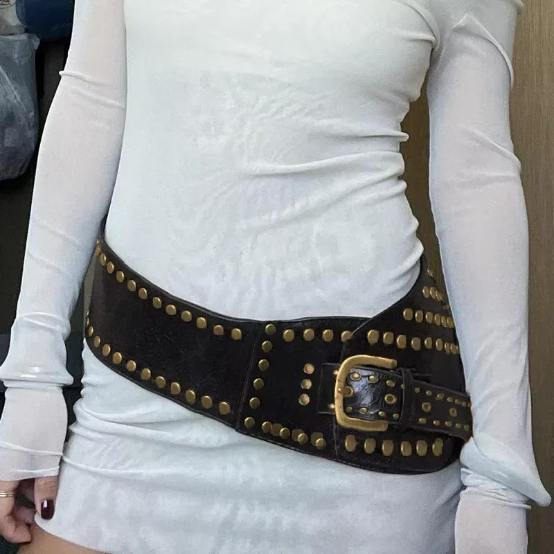 belt Vintage Punk Studded Belt Chain Y2K Metal Pu Western Cowboy Wide Waistband Waist Belts Sexy Hiphop Men Skeleton B 251013