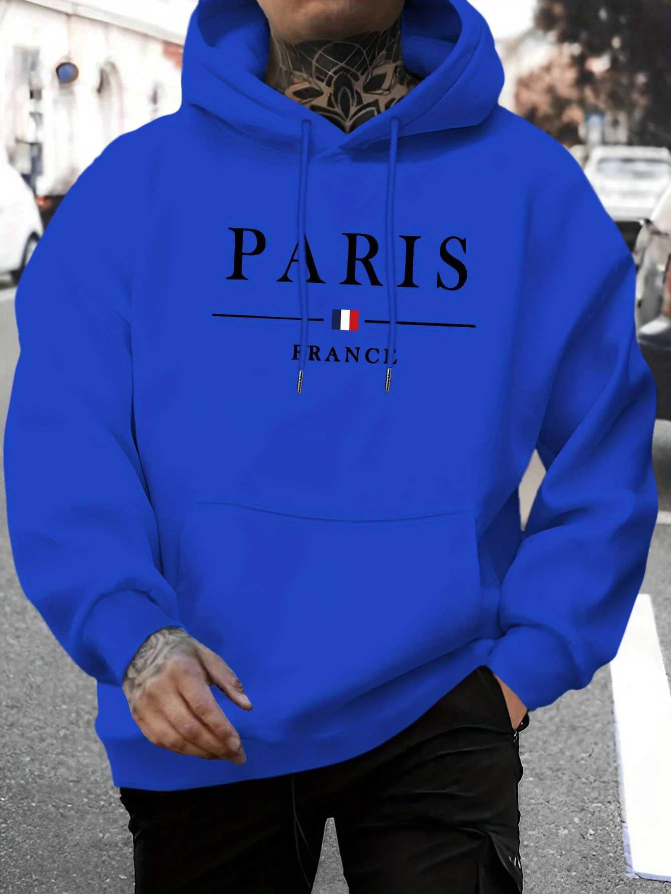 Mens autumn and winter casual fashion loose Paris letter pattern printed long sleeved hooded sweatshirt warm pulloverT251023